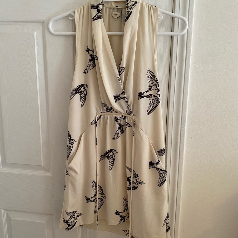 Aritzia (Wilfred line) Bird Print Dress with Shawl Collar